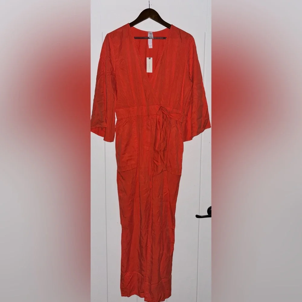 Amadi By Anthropologie Orange Wrap Wide‎ Leg Jumpsuit L NEW Flowy Boho Chic